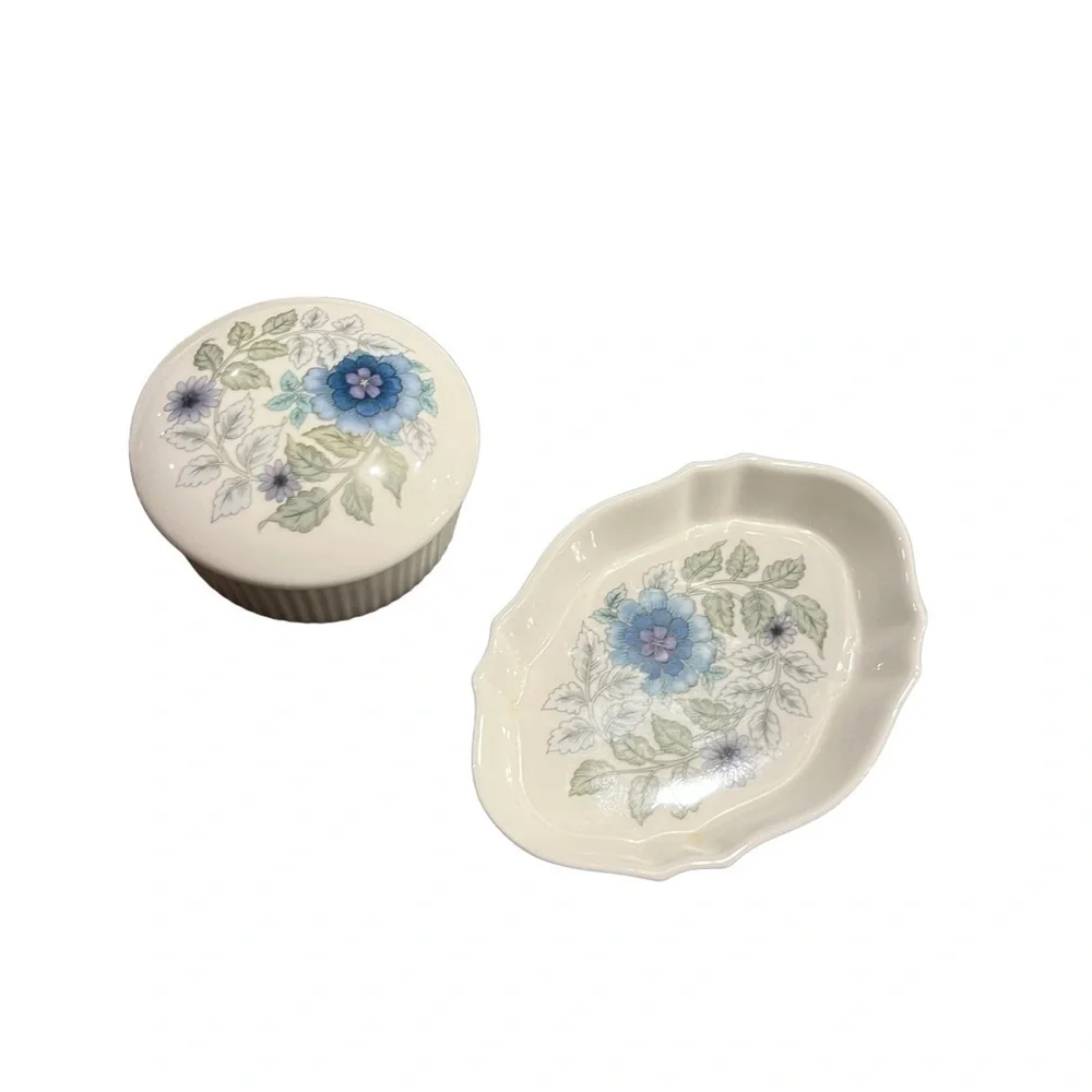 Wedgwood Trinket Tray and Box Dresser Set Clementine Blue Floral Bone China